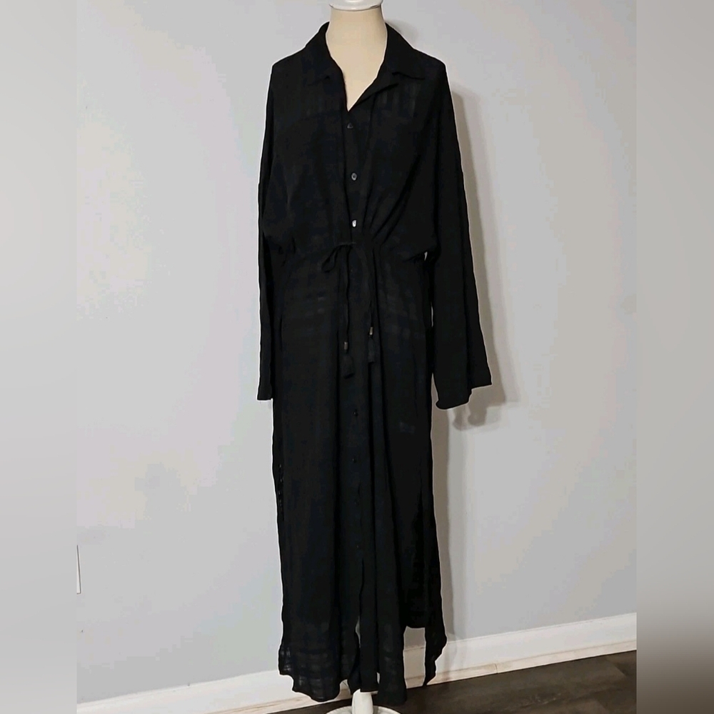 Anne Cole Women's Cotton Tie Waist Cover-up Shirtdress In Moonless Night Black - Picture 3 of 8